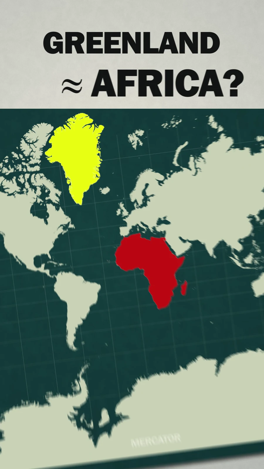 An illustrated world map comparing Greenland and Africa, with bold yellow and red highlights.